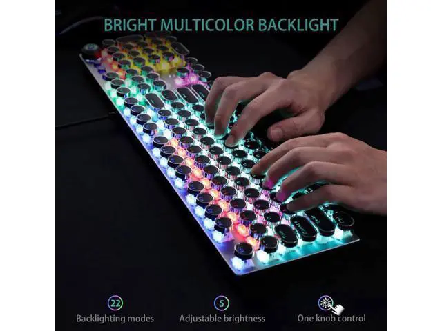 Alt view image 4 of 7 - F2088 Wired Typewriter Style Mechanical Keyboard, Blue Switch Rainbow LED Backlit Keyboard with Removable Wrist Rest Media Control Knob Retro Punk Round Keycaps USB Gaming Keyboard
