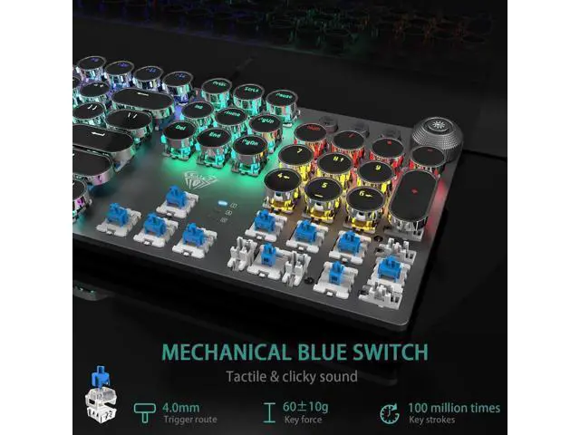 Alt view image 2 of 7 - F2088 Wired Typewriter Style Mechanical Keyboard, Blue Switch Rainbow LED Backlit Keyboard with Removable Wrist Rest Media Control Knob Retro Punk Round Keycaps USB Gaming Keyboard