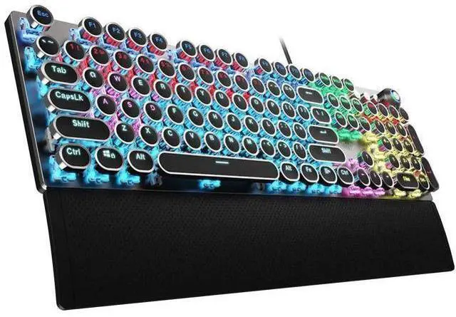 Main image of F2088 Wired Typewriter Style Mechanical Keyboard, Blue Switch Rainbow LED Backlit Keyboard with Removable Wrist Rest Media Control Knob Retro Punk Round Keycaps USB Gaming Keyboard