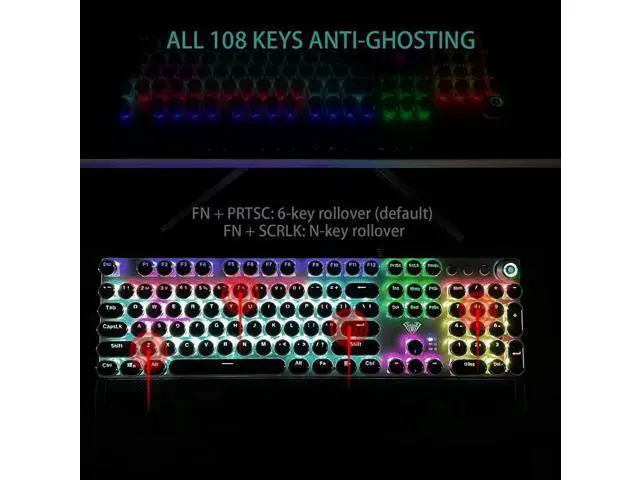 Alt view image 5 of 7 - F2088 Wired Typewriter Style Mechanical Keyboard, Blue Switch Rainbow LED Backlit Keyboard with Removable Wrist Rest Media Control Knob Retro Punk Round Keycaps USB Gaming Keyboard