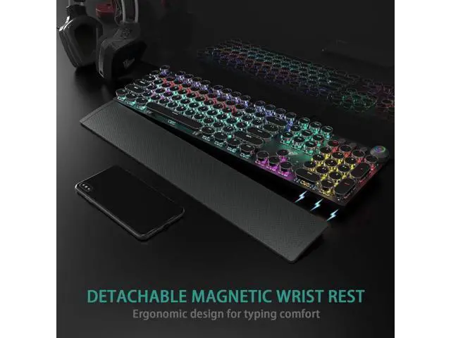 Alt view image 6 of 7 - F2088 Wired Typewriter Style Mechanical Keyboard, Blue Switch Rainbow LED Backlit Keyboard with Removable Wrist Rest Media Control Knob Retro Punk Round Keycaps USB Gaming Keyboard