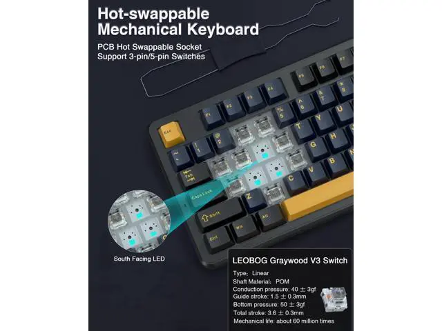 Alt view image 6 of 7 - F87 Wireless Mechanical Keyboard, 75% TKL Hot Swappable Gaming Keyboard, PBT Keycaps Pre-lubed Greywood Switch RGB Backlit Creamy Typing Keyboard, Tri-Mode 2.4G USB-C BT5.0