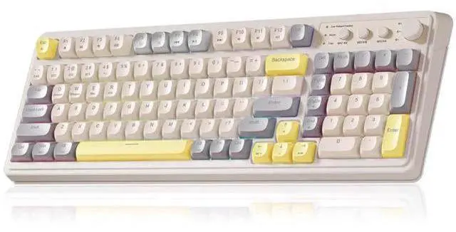 Main image of S99 Tri-Mode Wireless Gaming Keyboard, Full Size Ergonomic Keyboard with Media Knob, Programmable Backlit Creamy Sound Keyboard Grey Yellow for PC Gamers