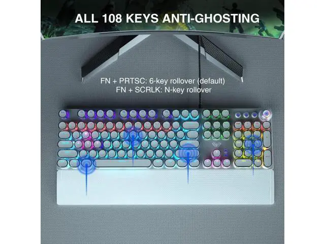 Alt view image 5 of 7 - F2088 Retro Typewriter Mechanical Keyboard, White Wired Gaming Keyboard with Blue Switch, Rainbow Backlit, Round Keycaps, Media Control Knob & Detachable Wrist Rest