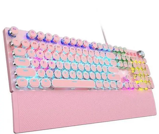 Main image of F2088 Retro Typewriter Style Wired Mechanical Keyboard, Pink Gaming Keyboard with Blue Switches, Rainbow Backlight, Round Keycaps, Media Control Knob and Detachable Wrist Rest