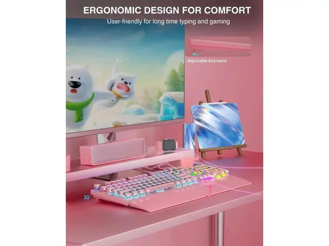 Alt view image 4 of 7 - F2088 Retro Typewriter Style Wired Mechanical Keyboard, Pink Gaming Keyboard with Blue Switches, Rainbow Backlight, Round Keycaps, Media Control Knob and Detachable Wrist Rest