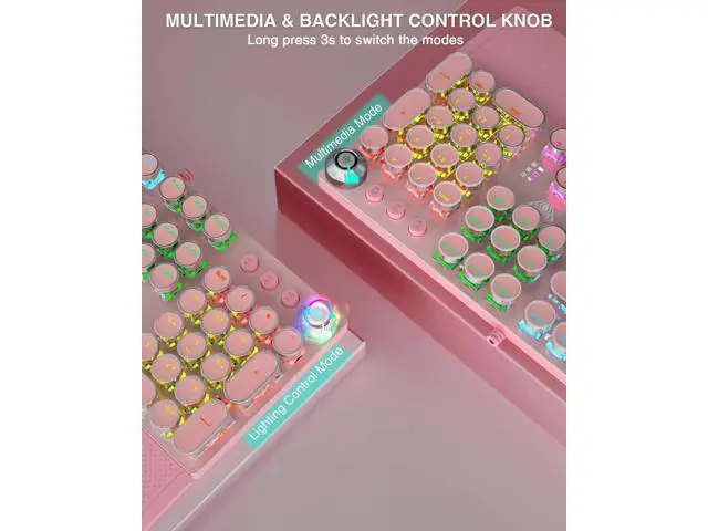 Alt view image 3 of 7 - F2088 Retro Typewriter Style Wired Mechanical Keyboard, Pink Gaming Keyboard with Blue Switches, Rainbow Backlight, Round Keycaps, Media Control Knob and Detachable Wrist Rest