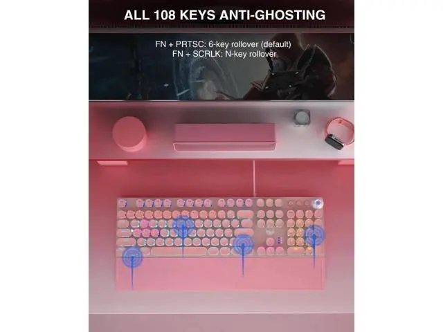 Alt view image 5 of 7 - F2088 Retro Typewriter Style Wired Mechanical Keyboard, Pink Gaming Keyboard with Blue Switches, Rainbow Backlight, Round Keycaps, Media Control Knob and Detachable Wrist Rest