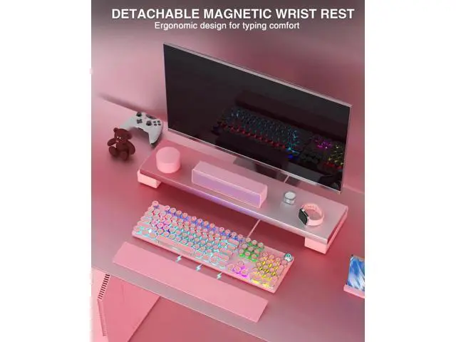 Alt view image 6 of 7 - F2088 Retro Typewriter Style Wired Mechanical Keyboard, Pink Gaming Keyboard with Blue Switches, Rainbow Backlight, Round Keycaps, Media Control Knob and Detachable Wrist Rest