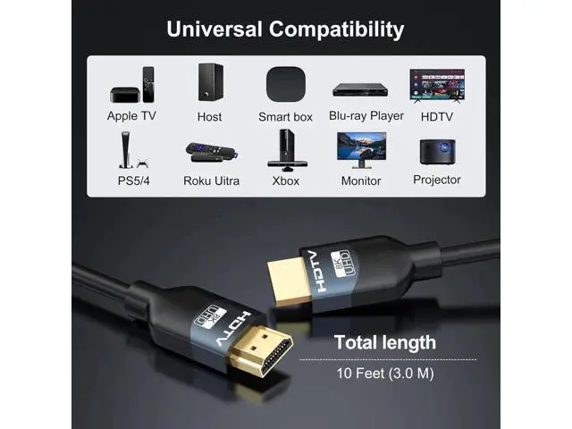 Alt view image 7 of 7 - 8K HDMI 2.1 Cables 10FT 5-Pack, High Speed Gaming HDMI Cord Supports 8K@60Hz, 4K@165/180/240Hz, eARC, HDR10, HDCP 2.3 for PS5/PS4/Xbox/TV/Monitor/Soundbar/Roku