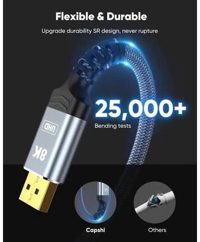 Alt view image 2 of 7 - 50FT Grey Braided Fiber Optic DisplayPort 1.4 Cable 32.4Gbps 8K@60Hz 4K@144Hz 2K@240Hz HDR FreeSync G-Sync High Speed Gaming Monitor DP Cable