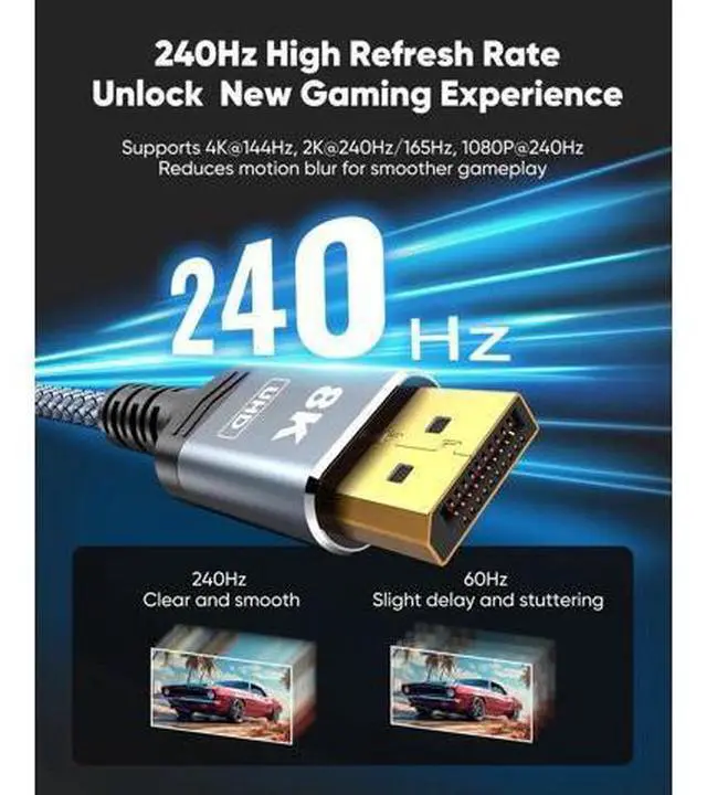 Alt view image 3 of 7 - 50FT Grey Braided Fiber Optic DisplayPort 1.4 Cable 32.4Gbps 8K@60Hz 4K@144Hz 2K@240Hz HDR FreeSync G-Sync High Speed Gaming Monitor DP Cable