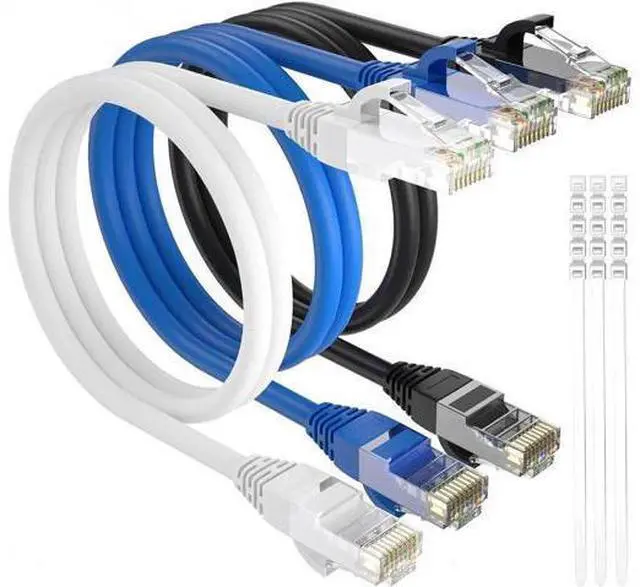 Main image of Cat 6 Ethernet Cable 100 Ft 3 Pack, High Speed Patch Cable, Flexible RJ45 LAN Network Cord, Faster Than Cat5e/Cat5, with 15 Cable Ties for Management - Black White Blue 100FT