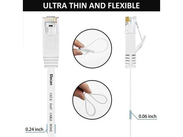 Alt view image 7 of 7 - Cat 6 Flat Ethernet Cable 50 Ft 5 Pack, High Speed Slim Short Patch Cord, 30AWG Pure Copper 10Gbps 500MHz, Flexible Thin LAN Cable for PoE, Cat5e Cat5 Compatible, White 50 FT