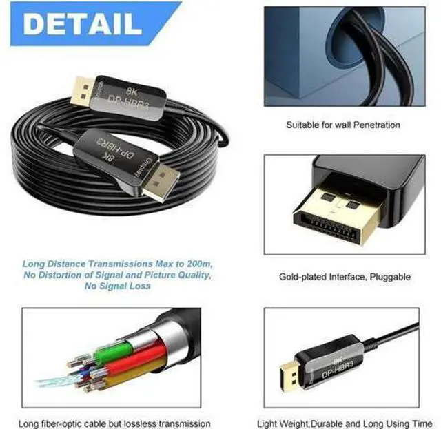 Alt view image 5 of 7 - 8K Fiber Optic Displayport 1.4 Cable 100Feet, HBR3 DP In Wall Fiber Cable Supports 8K@60Hz, 4K@144Hz High Speed 32.4Gbps Support 3D Visual Effects, VR Headset,HDCP2.2, HDR 100 ft.