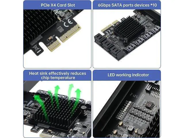 Alt view image 7 of 7 - 10 Port PCIe 4X SATA 3.0 Expansion Card, 6Gbps PCI-E to SATA Controller with ASM1166+JMB575 Chips, Low Profile Bracket and 10 SATA Cables for Desktop Server Storage