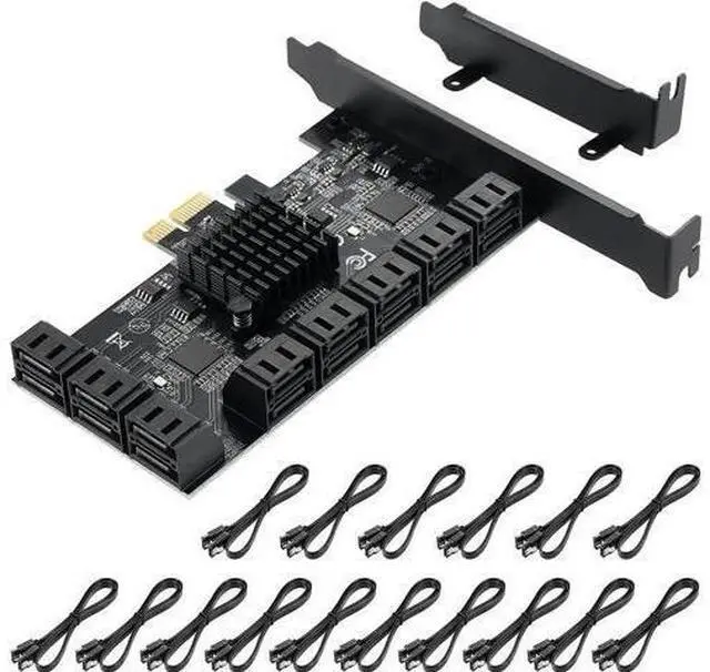 Main image of 16 Port PCIe 1X SATA 3.0 Expansion Card, 6Gbps PCI-E to SATA Controller with ASM1064+3JMB575 Chips, Low Profile Bracket and 16 SATA Cables for NAS Desktop Server Storage