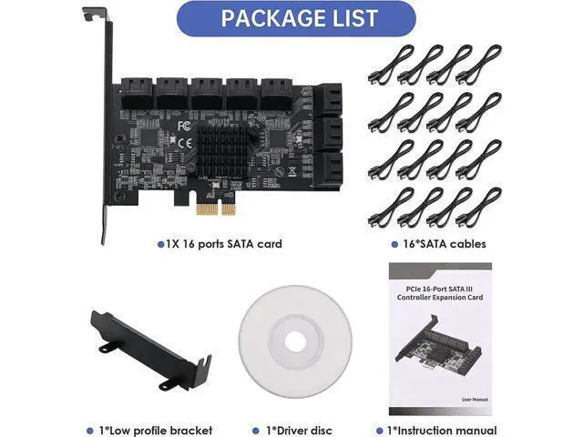 Alt view image 3 of 7 - 16 Port PCIe 1X SATA 3.0 Expansion Card, 6Gbps PCI-E to SATA Controller with ASM1064+3JMB575 Chips, Low Profile Bracket and 16 SATA Cables for NAS Desktop Server Storage