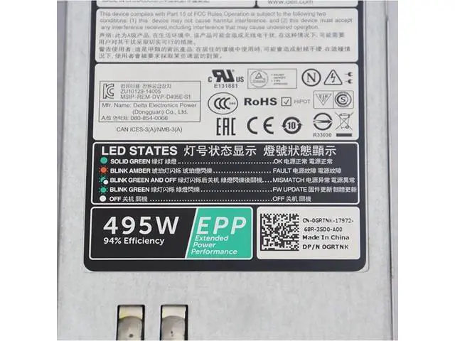 Alt view image 5 of 5 - Original 495W EPP Power Supply for Dell PowerEdge R530 R630 R730 R730XD T430 T630 R740, Replacement for D495E-S1 E495E-S1 DPS-495BB A