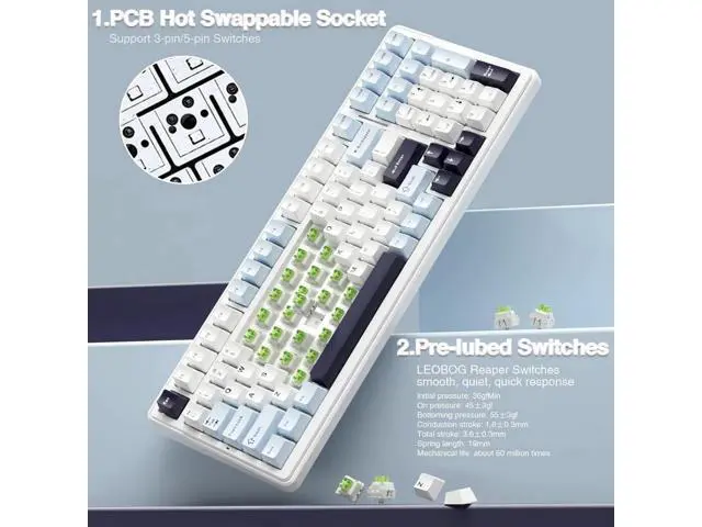 Alt view image 4 of 7 - F99 Wireless Gasket Mechanical Keyboard, Hot Swappable Keyboard with Pre-lubed Linear Switch RGB Backlit Gaming Keyboard Blue and White