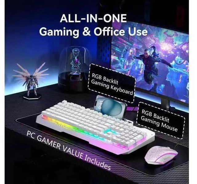 Alt view image 5 of 7 - T102 104 Keys Wired Gaming Keyboard and Mouse Combo, Full Size Mechanical Feel RGB Backlit Keyboard Set White for PC Laptop Office Gaming