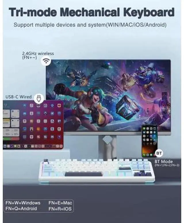 Alt view image 7 of 7 - F87 Wireless Mechanical Keyboard and Mouse Combo, 87 Keys Compact Gaming Keyboard Set with SC580 White Wireless Gaming Mouse