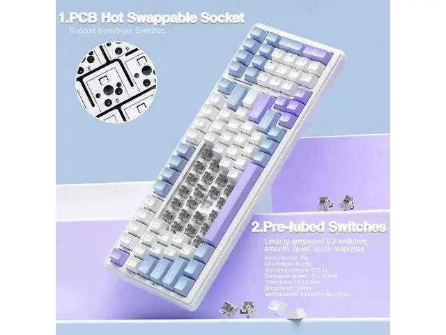 Alt view image 2 of 7 - F99 Hot Swappable Tri-Mode Mechanical Keyboard and Mouse Combo, Light Purple Wireless Gaming Keyboard Set with SC580X Gaming Mouse