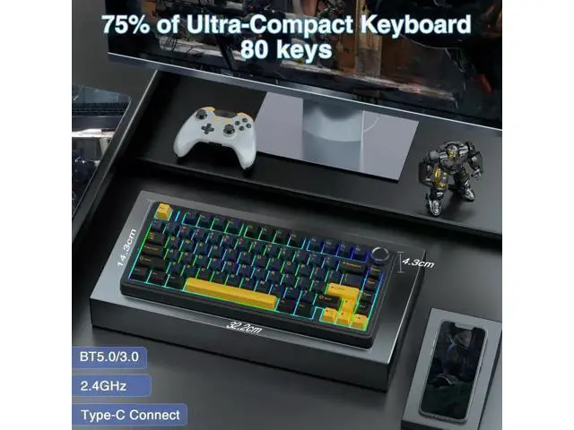 Alt view image 5 of 7 - 75% Wireless Mechanical Keyboard Mouse Combo, Gasket Hot Swappable Custom Keyboard + SC580 Black Wireless Gaming Mouse Full Desktop Set