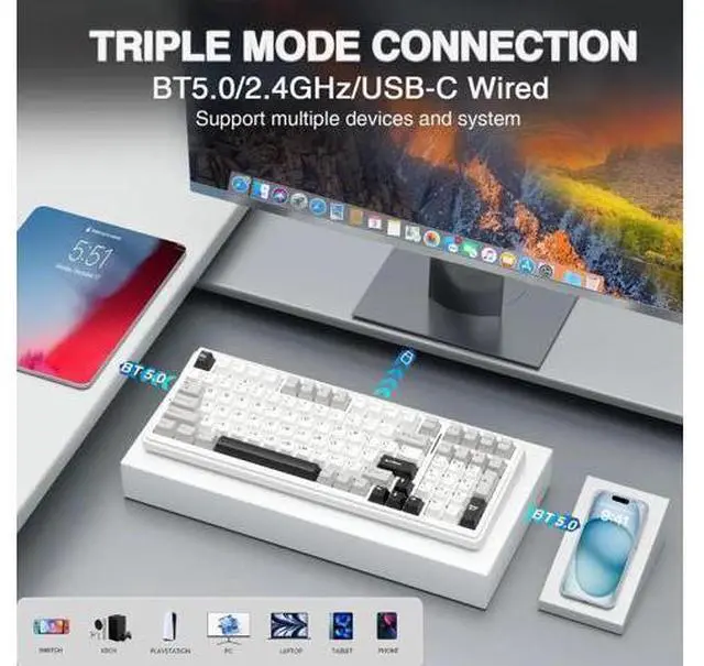 Alt view image 6 of 7 - F99 Hot Swappable Wireless Mechanical Keyboard Mouse Combo, Full Layout Custom Keyboard + SC580 Black Wireless Gaming Mouse Kit