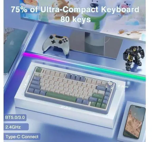 Alt view image 2 of 7 - 75% Gasket Hot Swappable Wireless Keyboard Mouse Combo, F75 Custom Mechanical Keyboard + SC580 White Wireless Gaming Mouse Set