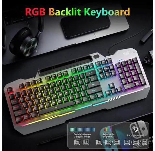 Alt view image 7 of 7 - T102 104 Keys Wired Keyboard Mouse Combo, RGB Backlit All-Metal Panel Waterproof Gaming Keyboard with Numpad USB Wired Set for Desktop PC Gamers