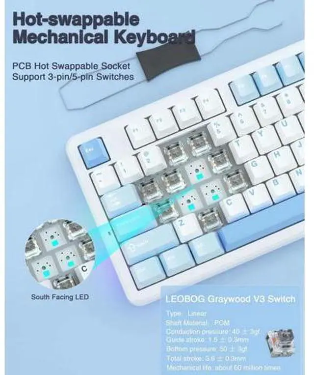 Alt view image 6 of 7 - F87 Wireless Mechanical Keyboard, 75% TKL Hot Swappable Gaming Keyboard, Pre-lubed Greywood Switch, RGB Backlit Creamy Typing Keyboard, Tri-Mode 2.4G BT5.0 USB-C