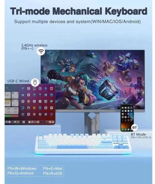 Alt view image 5 of 7 - F87 Wireless Mechanical Keyboard, 75% TKL Hot Swappable Gaming Keyboard, Pre-lubed Greywood Switch, RGB Backlit Creamy Typing Keyboard, Tri-Mode 2.4G BT5.0 USB-C