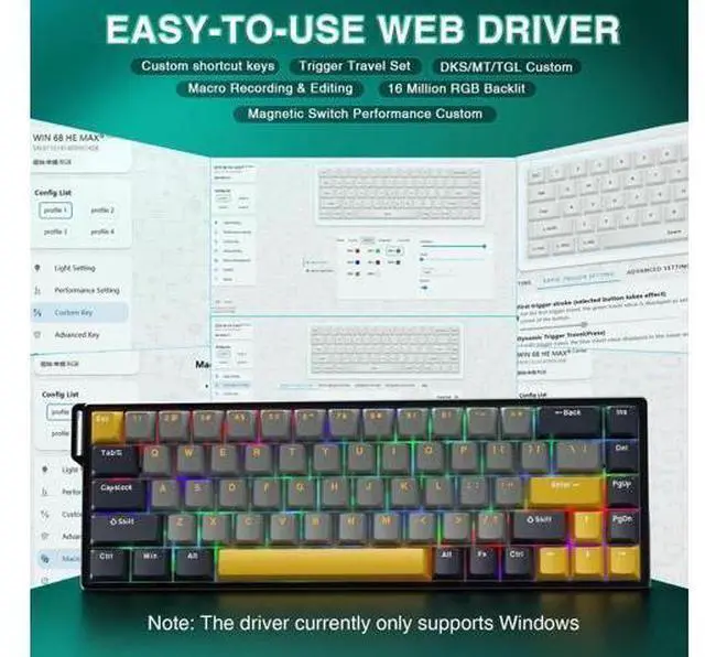 Alt view image 5 of 7 - WIN68 HE MAX 60% Wired Hall Effect Gaming Keyboard, Magnetic Switch Keyboard with Adjustable Actuation Point, Fast Trigger Mode, 8KHz Polling Rate RGB Backlit Mechanical Keyboard
