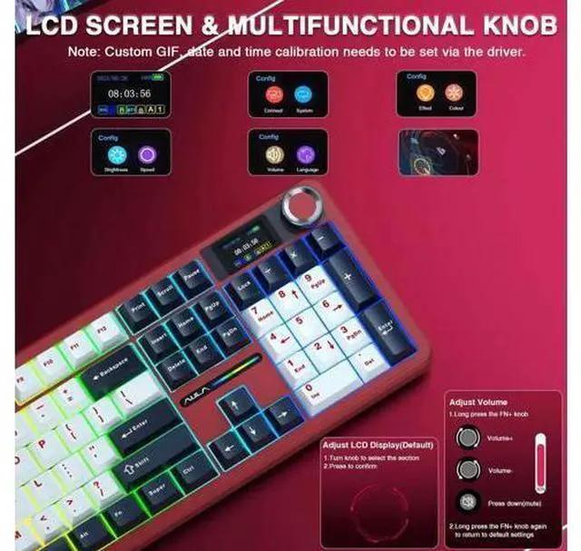 Alt view image 4 of 7 - F108 PRO Wireless Mechanical Keyboard, 104 Keys Full Size Gaming Keyboard with Screen & Knob, 8000mAh Battery Hot Swappable Keyboard, Pre-lubed Switch RGB Backlit PBT Keycaps Creamy Sound Keyboard