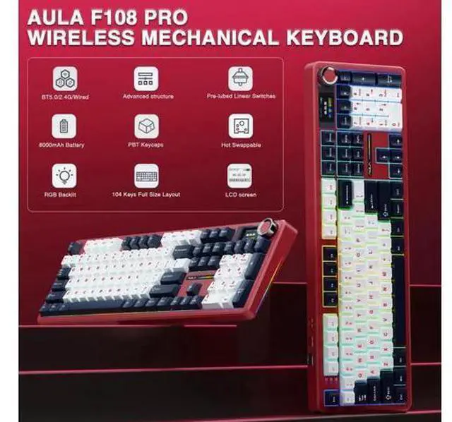 Alt view image 3 of 7 - F108 PRO Wireless Mechanical Keyboard, 104 Keys Full Size Gaming Keyboard with Screen & Knob, 8000mAh Battery Hot Swappable Keyboard, Pre-lubed Switch RGB Backlit PBT Keycaps Creamy Sound Keyboard
