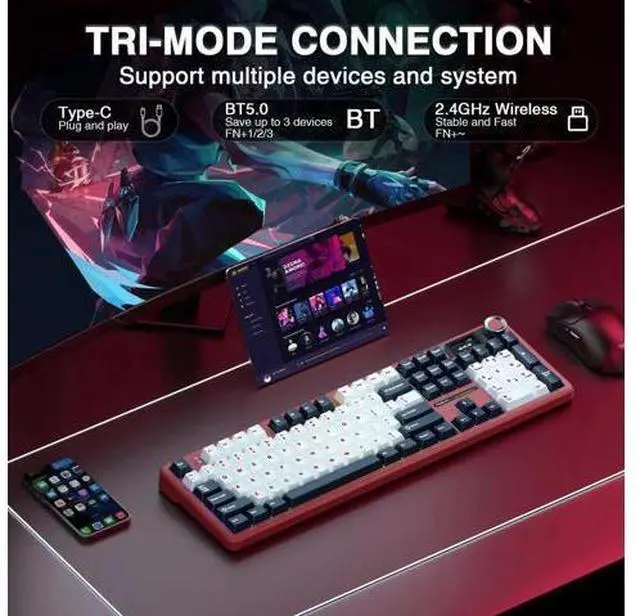Alt view image 6 of 7 - F108 PRO Wireless Mechanical Keyboard, 104 Keys Full Size Gaming Keyboard with Screen & Knob, 8000mAh Battery Hot Swappable Keyboard, Pre-lubed Switch RGB Backlit PBT Keycaps Creamy Sound Keyboard