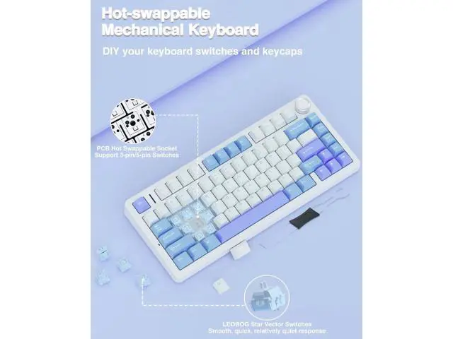 Alt view image 2 of 7 - F75 75% Wireless Mechanical Keyboard, Tri-Mode 2.4G BT5.0 Type-C Hot Swappable Gaming Keyboard, Pre-lubed Star Vector Switch RGB Backlit Creamy Typing Keyboard White Blue Purple