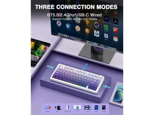 Alt view image 7 of 7 - F75 Pro 75% Gasket Hot Swappable Wireless Mechanical Keyboard and Mouse Combo, Custom Creamy Sound Keyboard with White SC580 Wireless Gaming Mouse
