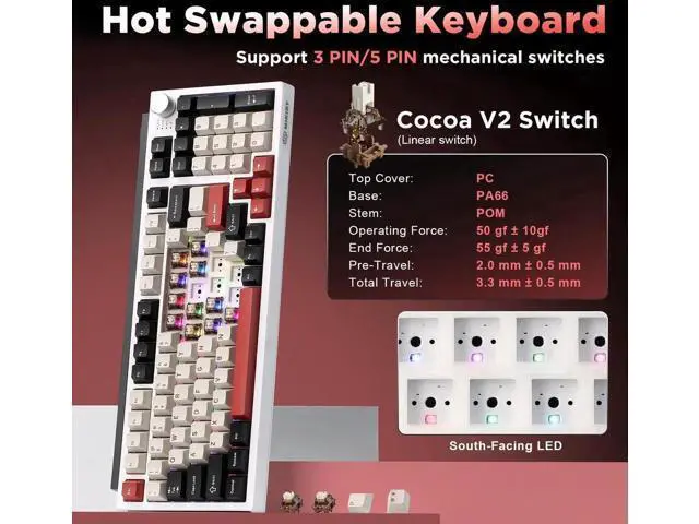 Alt view image 7 of 7 - K98 Tri-Mode Wireless Mechanical Keyboard, Gasket Mount Hot Swappable Gaming Keyboard with Cocoa-V2 Switch, RGB Backlit Custom Keyboard Compatible with Windows Mac, White Red Colorway