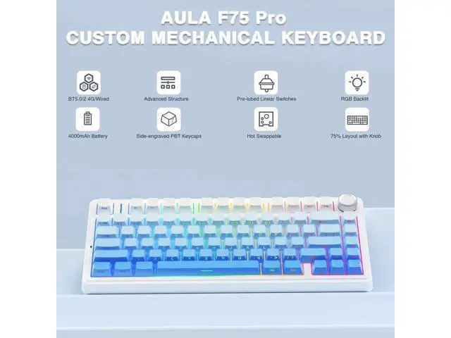 Alt view image 6 of 7 - F75 Pro Wireless Mechanical Keyboard, 75% Hot Swappable Gaming Keyboard, RGB Backlit Pre-lubed Linear Switch, Side Printed PBT Keycaps Gradient Blue Custom Keyboard
