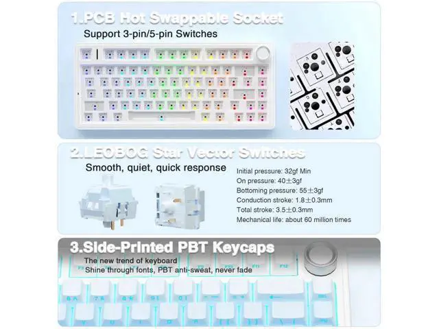 Alt view image 5 of 7 - F75 Pro Wireless Mechanical Keyboard, 75% Hot Swappable Gaming Keyboard, RGB Backlit Pre-lubed Linear Switch, Side Printed PBT Keycaps Gradient Blue Custom Keyboard