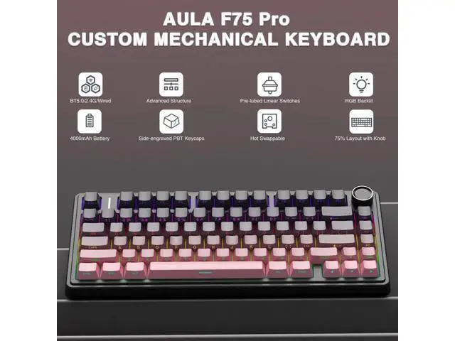 Alt view image 5 of 7 - F75 Pro Wireless Mechanical Keyboard, 75% Hot Swappable Gaming Keyboard, RGB Backlit Pre-lubed Reaper Switch, Side Printed PBT Keycaps Pink & Black Custom Keyboard