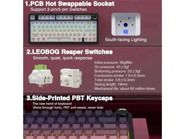 Alt view image 6 of 7 - F75 Pro Wireless Mechanical Keyboard, 75% Hot Swappable Gaming Keyboard, RGB Backlit Pre-lubed Reaper Switch, Side Printed PBT Keycaps Pink & Black Custom Keyboard