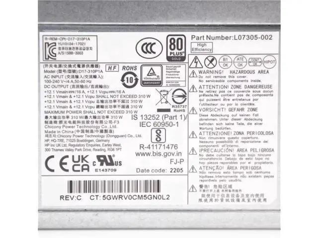 Alt view image 3 of 4 - 310W Power Supply for HP ProDesk 480 G7 880 G9 Z2 SFF MT D17-310P1A L07305-002 PCG007 937516-004