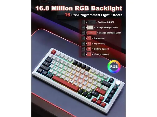 Alt view image 2 of 7 - Y75 75% Tri-Mode Wireless Mechanical Keyboard with Knob, Hot Swappable RGB Gaming Keyboard, PBT Keycaps, 2.4G Bluetooth 5.0 USB-C Keyboard White Red with Milk Switch