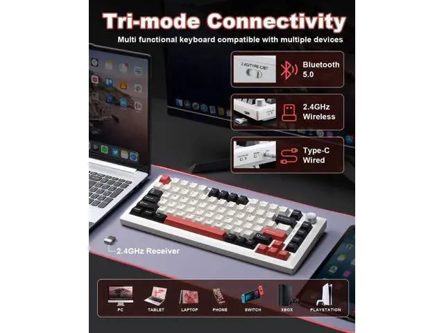Alt view image 3 of 7 - Y75 75% Tri-Mode Wireless Mechanical Keyboard with Knob, Hot Swappable RGB Gaming Keyboard, PBT Keycaps, 2.4G Bluetooth 5.0 USB-C Keyboard White Red with Milk Switch