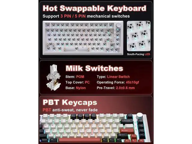 Alt view image 4 of 7 - Y75 75% Tri-Mode Wireless Mechanical Keyboard with Knob, Hot Swappable RGB Gaming Keyboard, PBT Keycaps, 2.4G Bluetooth 5.0 USB-C Keyboard White Red with Milk Switch