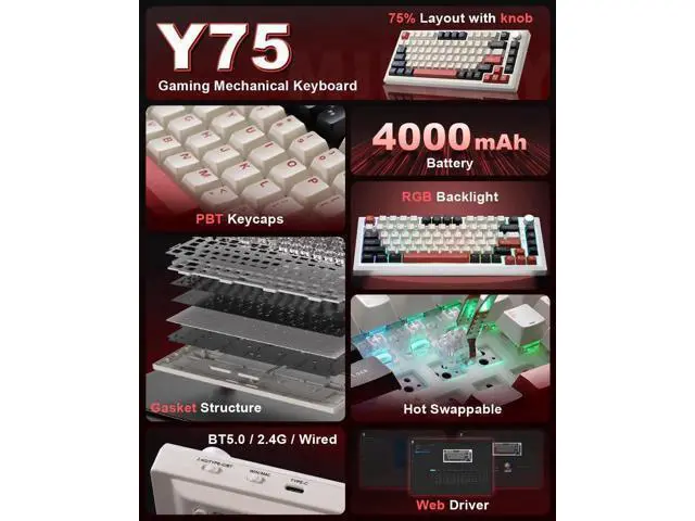 Alt view image 6 of 7 - Y75 75% Tri-Mode Wireless Mechanical Keyboard with Knob, Hot Swappable RGB Gaming Keyboard, PBT Keycaps, 2.4G Bluetooth 5.0 USB-C Keyboard White Red with Milk Switch