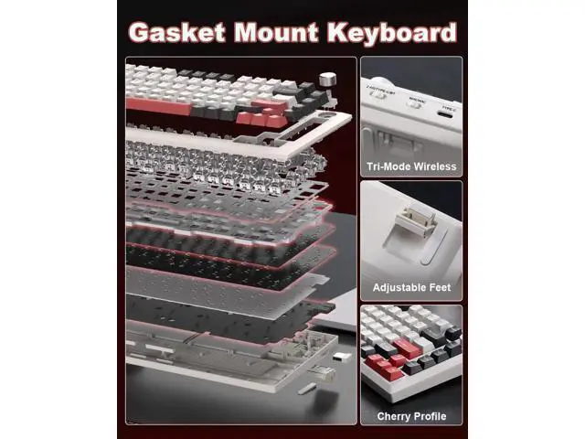 Alt view image 5 of 7 - Y75 75% Tri-Mode Wireless Mechanical Keyboard with Knob, Hot Swappable RGB Gaming Keyboard, PBT Keycaps, 2.4G Bluetooth 5.0 USB-C Keyboard White Red with Milk Switch